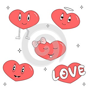Retro groovy lovely hearts stickers in trendy retro 60s 70s cartoon style. Love concept.